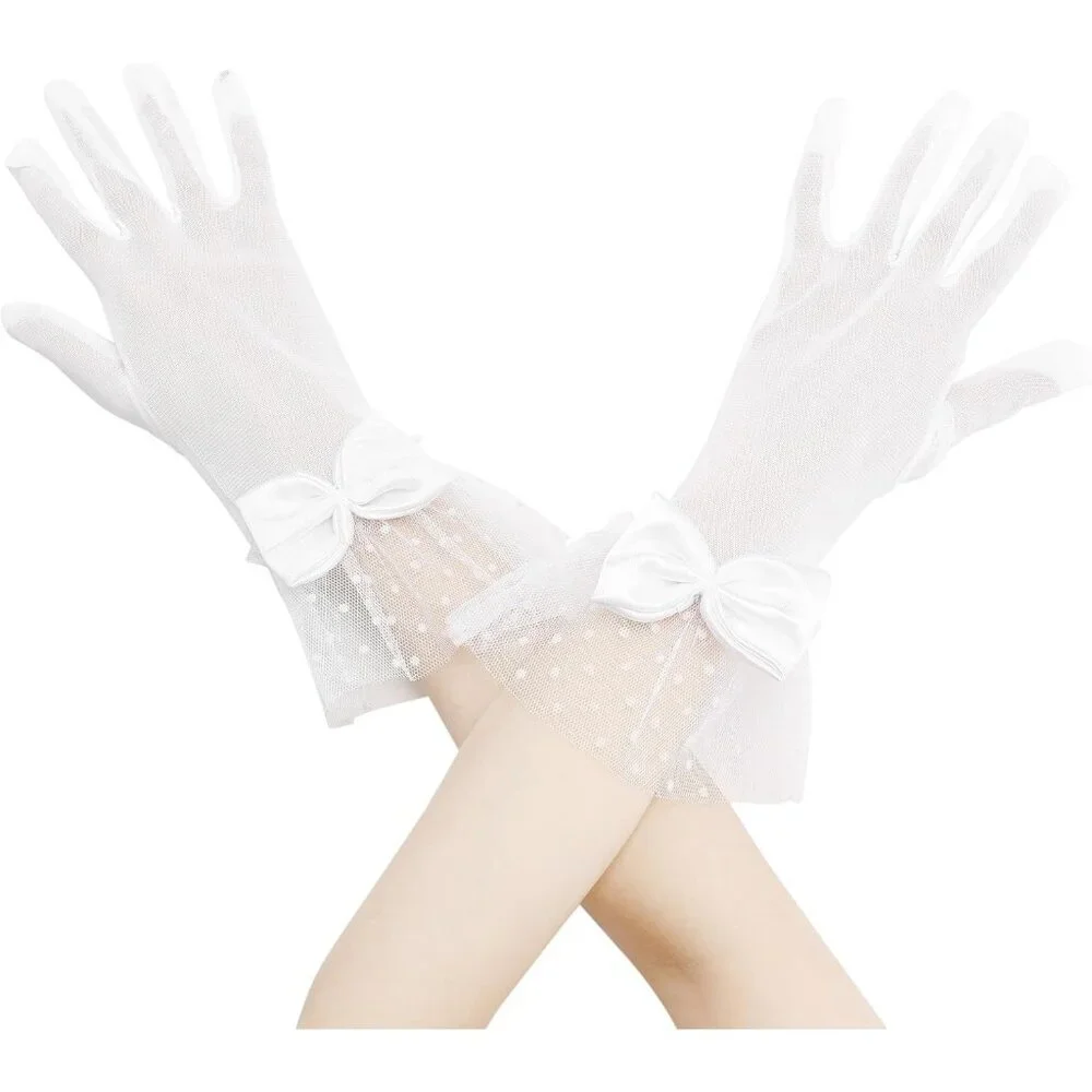 Women's Short White Lace Bow Polka Dots Gloves Mesh Wedding Tea Party Prom